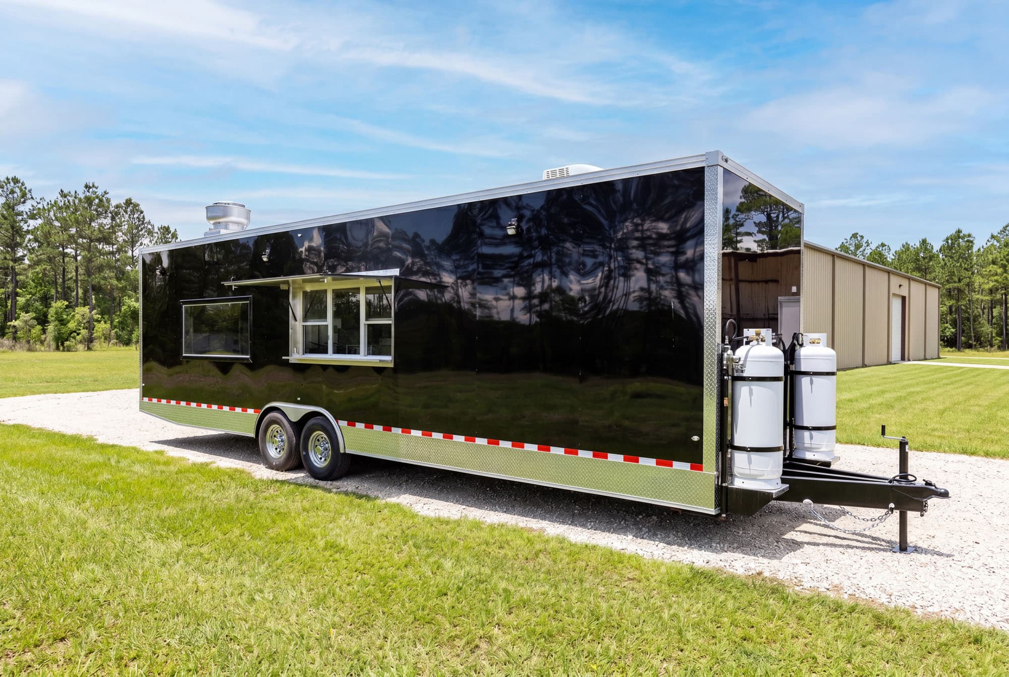 Black custom food trailer built by Worldwide Trailers USA